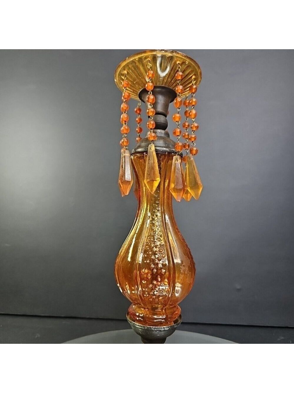 Vintage Candlestick Holder With Amber Glass And Plastic Beads 12 Inches Tall